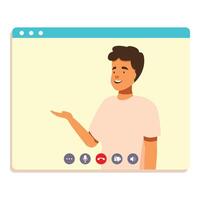 Young man having a video call and gesturing while speaking vector