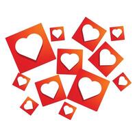 Many red squares with white hearts are flying forming a big heart shape vector