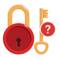 Golden key with question mark trying to open a red lock vector