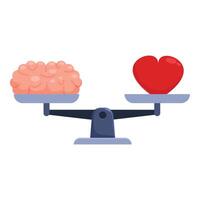 Balance between heart and brain being weighed on scale vector