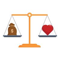 Golden scales balancing money bag and red heart representing ethics and morality concept vector