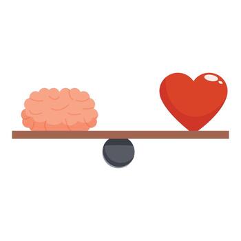 Heart and brain balancing on a seesaw representing logic versus feelings vector