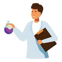 Scientist is holding a glass flask and a clipboard, analyzing a chemical formula vector