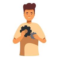 Young man holding two gears, smiling and finding solutions vector