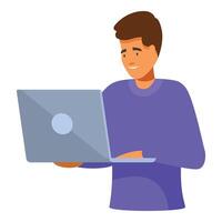 Young man smiling and working on laptop computer vector