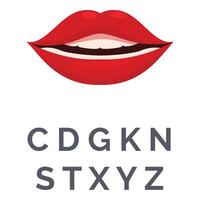 Red smiling lips showing teeth for pronunciation of consonants vector