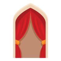 Red curtains are covering an arched window with tied backs vector