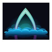 Neon archway emerging from blue clouds on black background vector