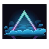 Glowing neon triangle rising from clouds over water at night vector