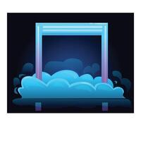 Blue neon gate glowing on clouds in dark space background vector