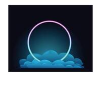 Round neon sign floating on clouds over dark background vector