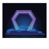 Neon hexagon portal emerging from clouds over water vector