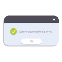 Pop up window with green check mark icon showing completion vector