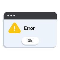 Computer window displaying error message with warning sign and ok button vector