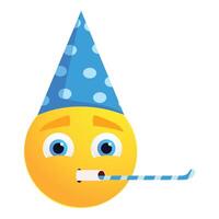 Sad emoji blowing party blower while wearing birthday hat vector