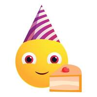 Happy yellow emoji wearing a birthday hat and looking at a slice of cake vector