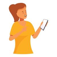 Smiling woman holding smartphone pointing finger at screen vector