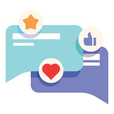Social media engagement icons overlapping speech bubbles