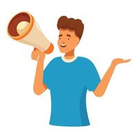 Young man making announcement holding megaphone and gesturing vector