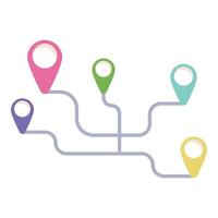 Colorful map pins showing a route connecting multiple destinations vector