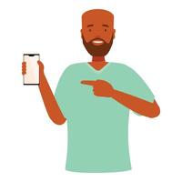 Doctor showing smartphone and pointing with finger at it vector