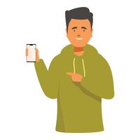 Smiling young man showing smartphone screen and pointing at it vector