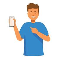 Young man holding smartphone and pointing finger at empty screen vector