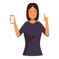 Young woman holding smartphone and pointing up with index finger vector