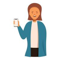 Happy female character holding modern mobile phone with blank display for your design vector