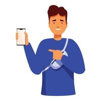 Smiling trendy man showing smartphone screen and pointing at it vector