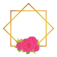Golden geometric frame featuring vibrant pink peonies vector