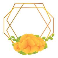 Golden hexagon frame with yellow flowers and green leaves vector