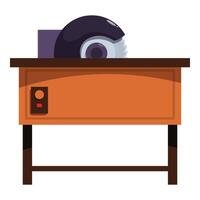 Electric saw on workbench cutting wood in workshop vector