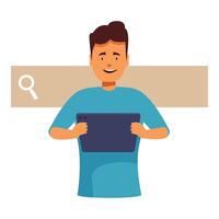 Young man smiling and searching on tablet with search bar above vector