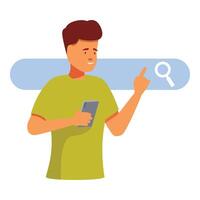 Man holding smartphone is pointing at search bar icon vector