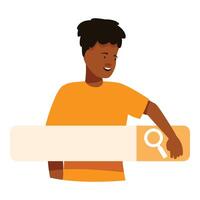 Young man holding magnifying glass searching information online using big search bar vector