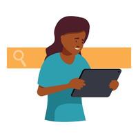 Young woman browsing internet on tablet with search bar background vector