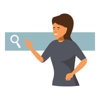 Smiling woman pointing at search bar engaging with online research vector