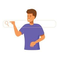 Young man pointing at search bar, finding information online vector