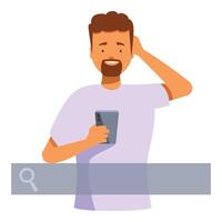 Thoughtful man holding smartphone using search bar solving problem finding solution online vector