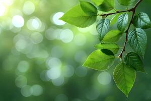 Fresh Green Leaves with Bokeh Background Perfect for Nature, Spring, and Environmental Concepts photo