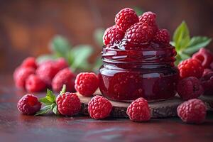 Fresh Raspberry Jam in Glass Jar with Ripe Raspberries on Rustic Wood Perfect for Culinary Projects and Food Blogs photo