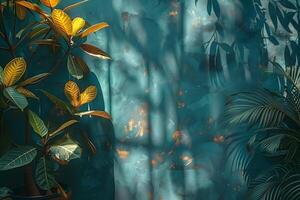 Tropical Foliage with Sunlit Shadows Against Rustic Turquoise Wall Stock Photo for Backgrounds and Design Projects