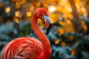 Colorful Flamingo Bird at Sunset with Bokeh Background for Wildlife Photography and Nature Posters photo