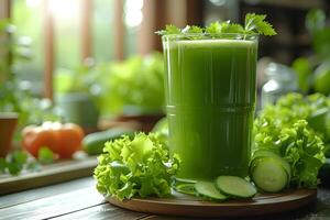 Fresh Green Juice with Cucumbers, Lettuce, and Herbs Healthy Diet and Detox Concept for Natural Health photo