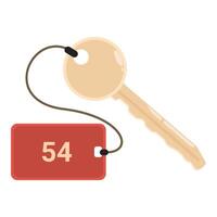 Golden hotel room key with red tag number fifty four is hanging vector