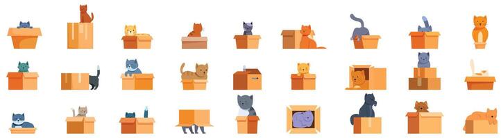 Cat cardboard box icons set. Collection of cats sitting and playing in cardboard boxes vector