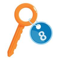Orange key with blue keyring showing number eight for hotel room vector