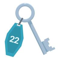 Hotel room key with key fob showing number twenty two is hanging vector