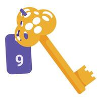Golden key holding purple tag with number nine isolated on white background vector